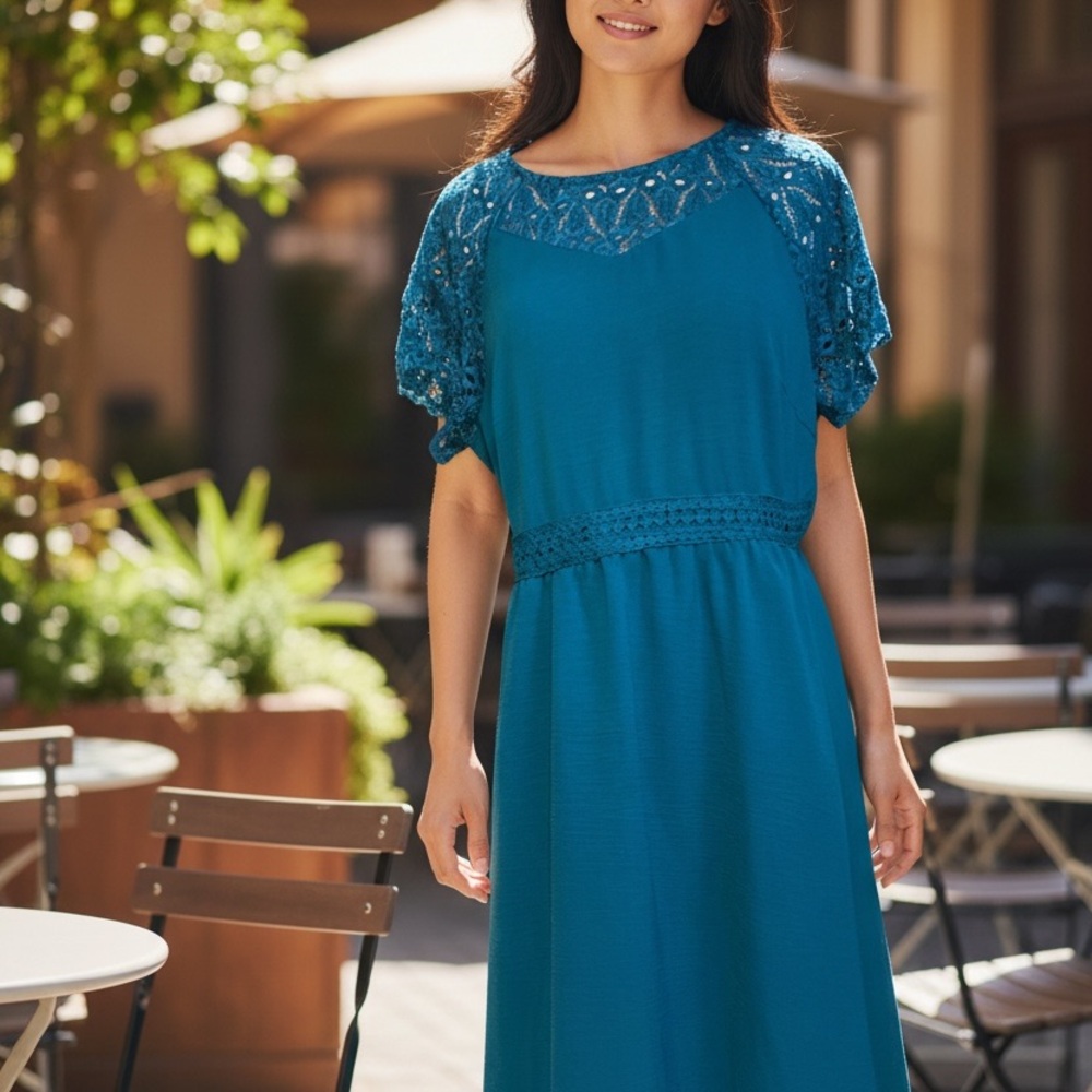 Bloom Chic Teal Crochet-Yoke Midi Dress - Women size 10